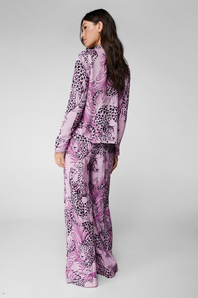 Sady Nasty Gal Cheetah Print Long Sleeve Pyjama Trouser Fialové | CZ 7328-LGPDT