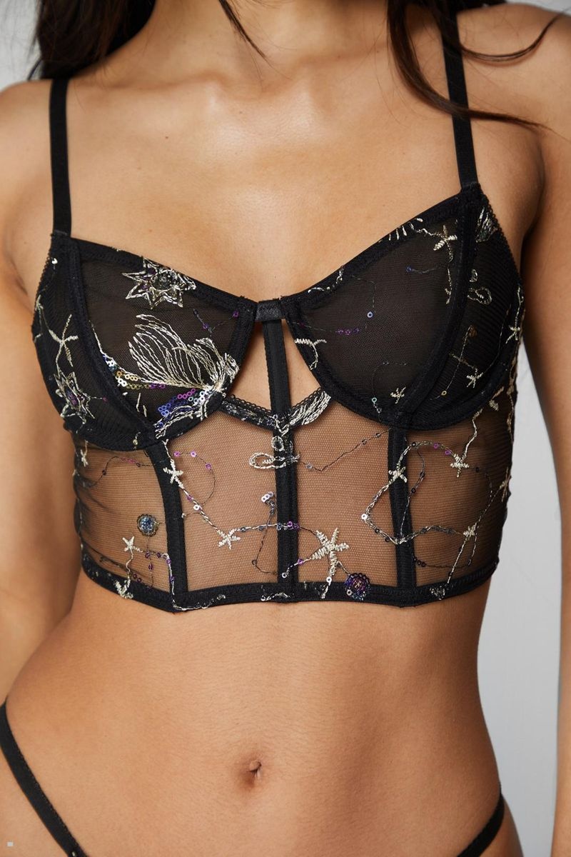 Sady Nasty Gal Premium Embroidered Celestial Sequin Corset & Tanga Černé | CZ 4028-POHFN