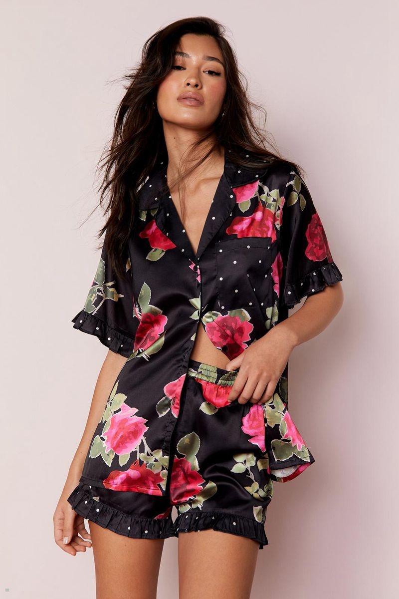 Sady Nasty Gal Rose Polka Dot Mix Ruffle Pajama Shorts Černé | CZ 6851-CAXPN