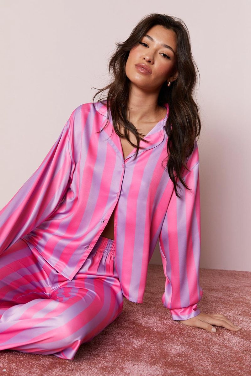 Sady Nasty Gal Satin Oversized Stripe Pajama Pants Růžové | CZ 9061-LOTGR