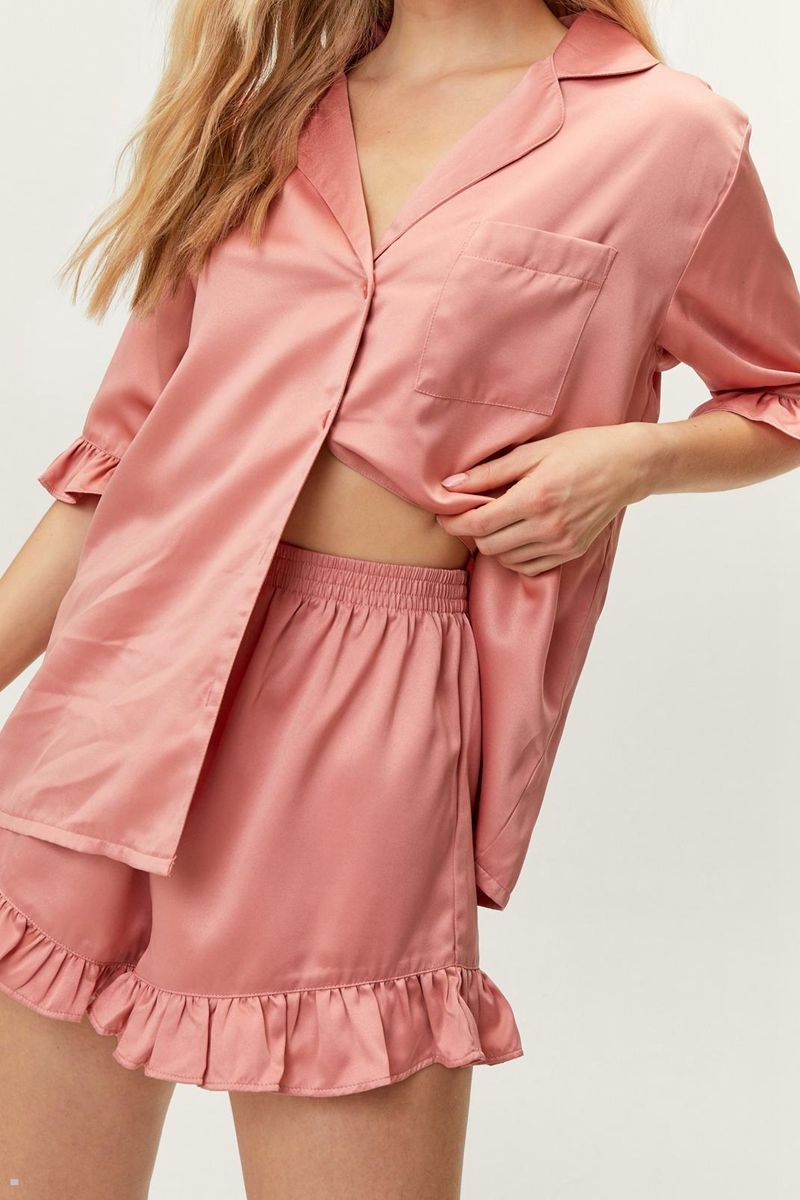 Sady Nasty Gal Satin Ruffle Shorts Pyjama Růžové | CZ 5079-CLNDG