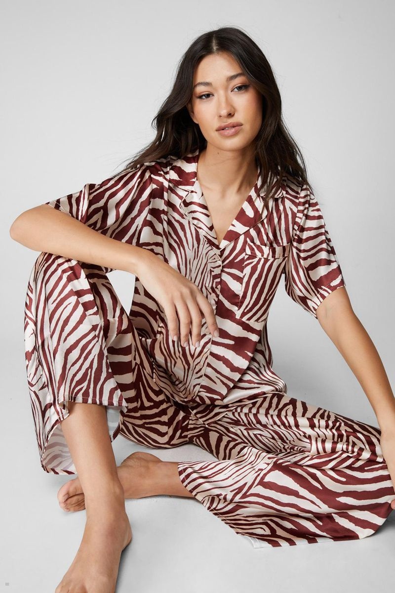 Sady Nasty Gal Satin Zebra Oversized Pajama Pants Čokolády | CZ 8671-LKHWY