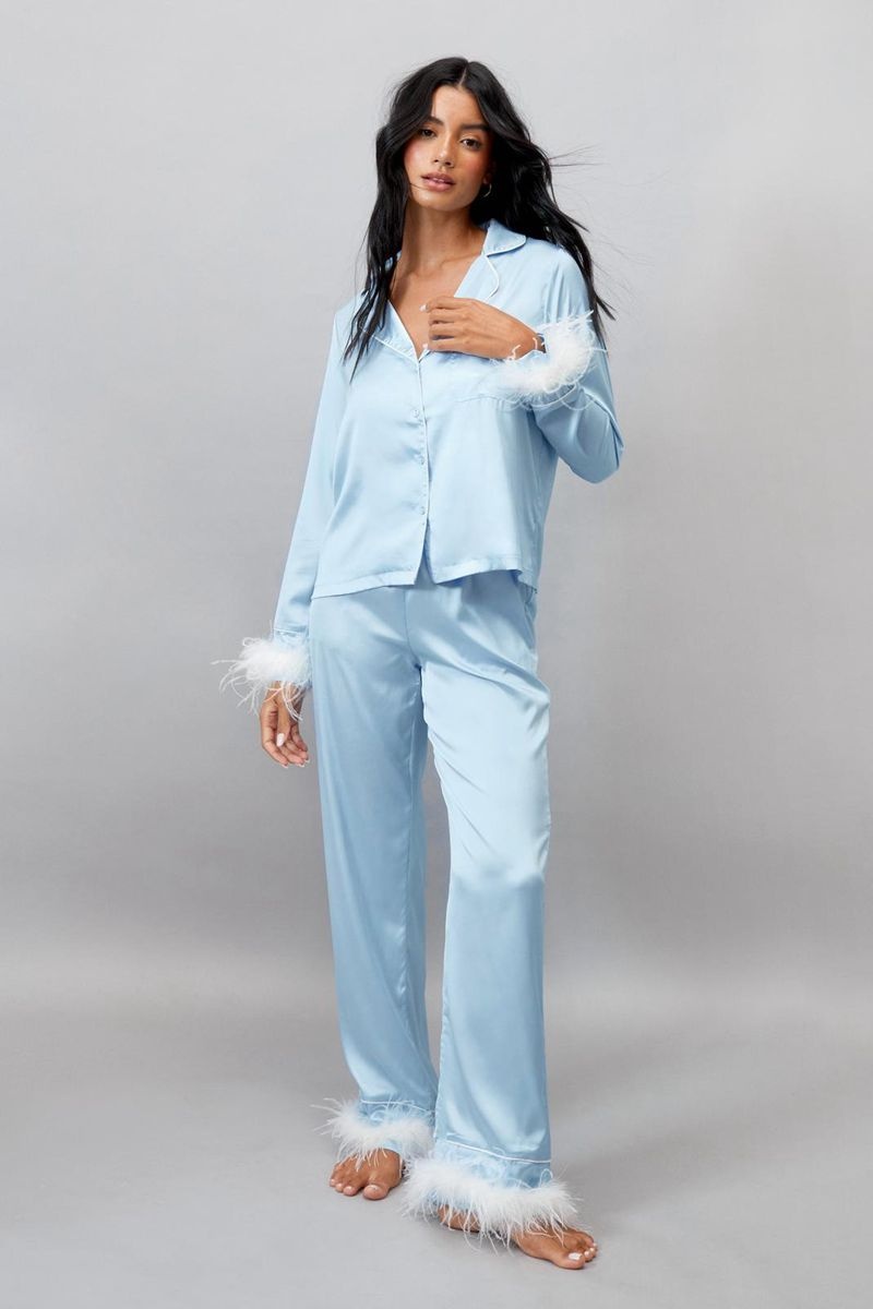 Sady Nasty Gal Something Blue Embroidered Feather Pajama Pants Blankyt | CZ 3928-OEQFA