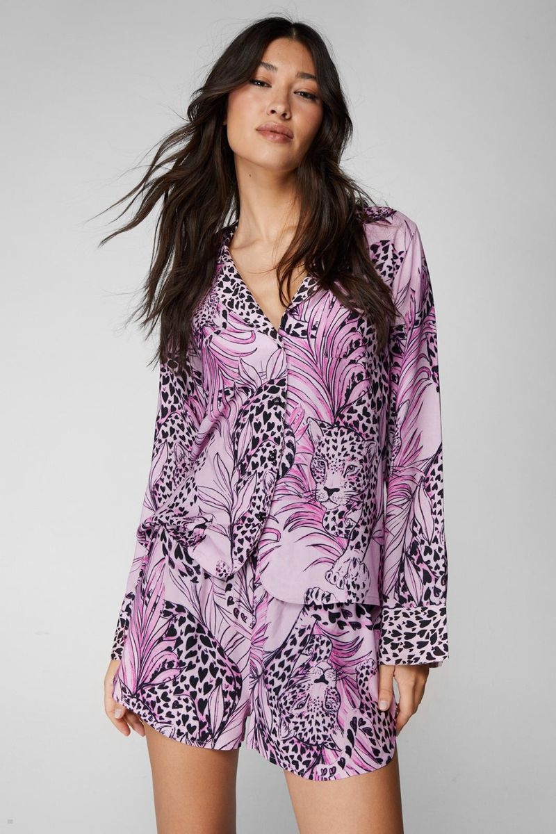 Sady Nasty Gal Viscose Cheetah Border Print Pajama Shorts Růžové | CZ 7093-WBSXH