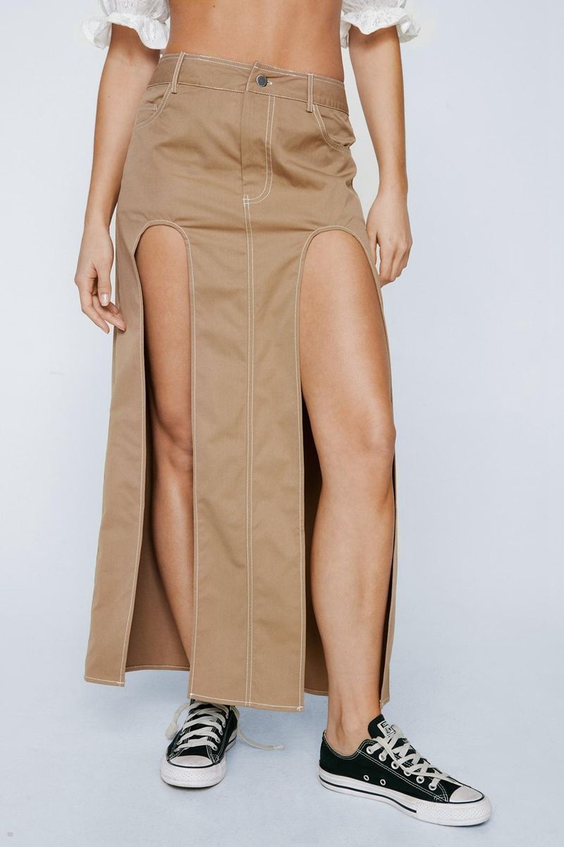 Sukně Nasty Gal Contrast Stitch Cut Out Detail Maxi Béžový | CZ 9067-CMRPB