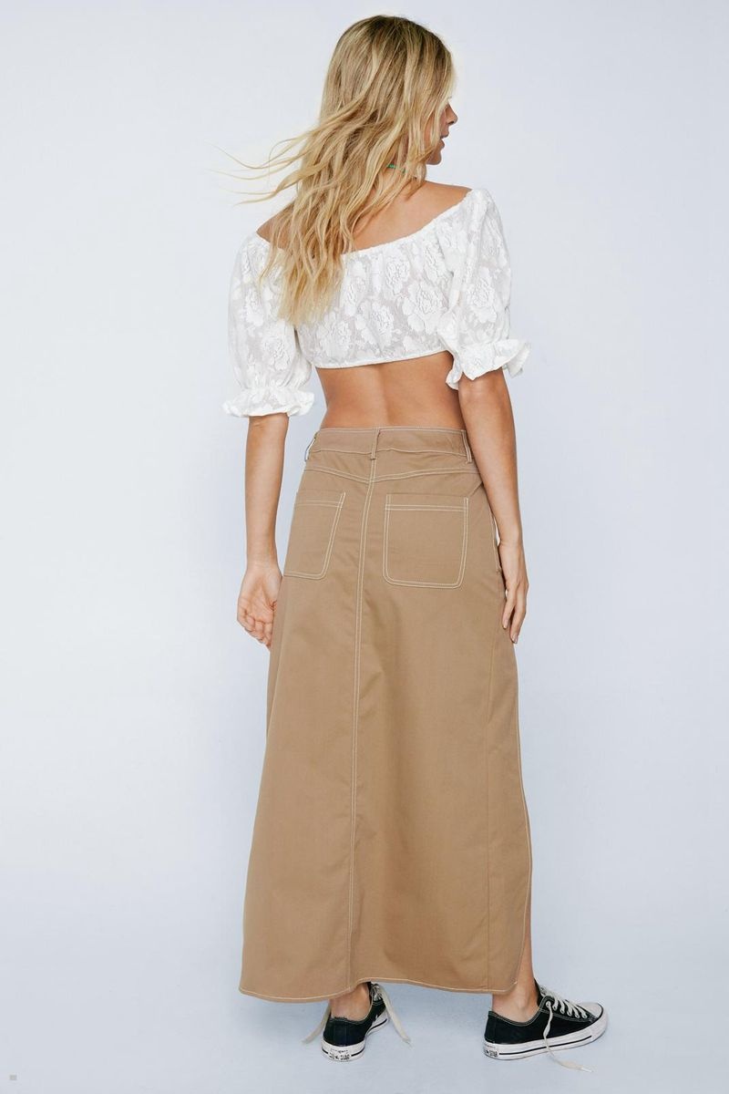 Sukně Nasty Gal Contrast Stitch Cut Out Detail Maxi Béžový | CZ 9067-CMRPB