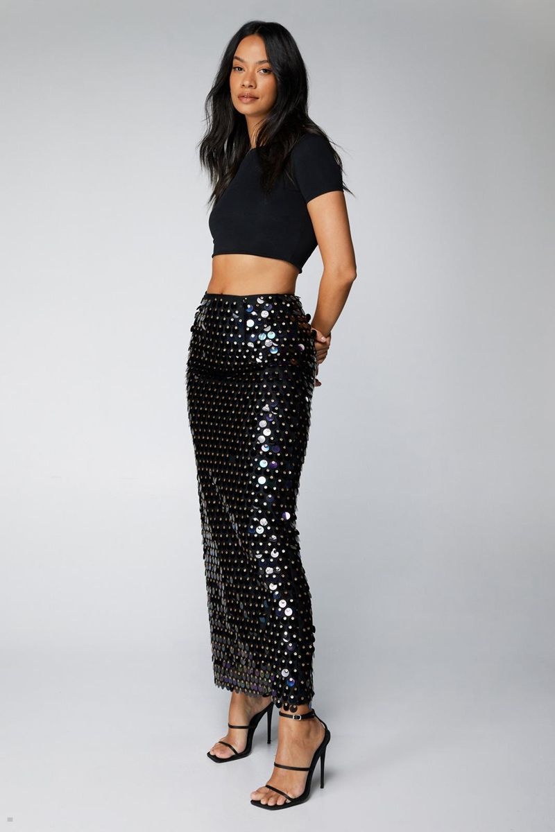 Sukně Nasty Gal Disc Sequin High Pasem Maxi Černé | CZ 5824-HXFPW