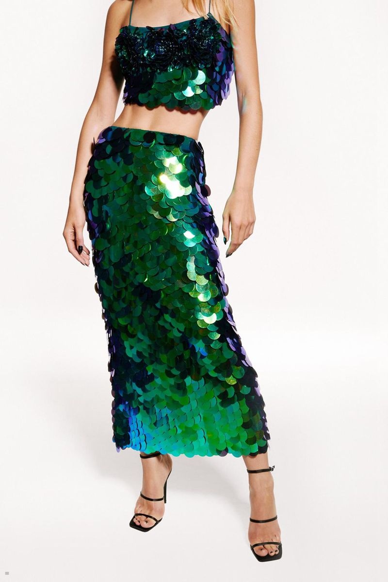 Sukně Nasty Gal Disc Sequin Midi Zelene | CZ 9812-OMSAK