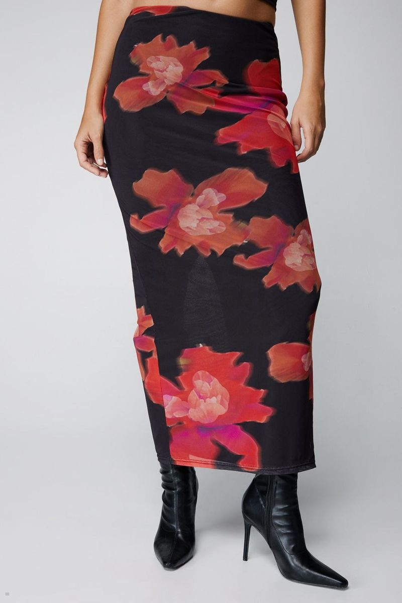 Sukně Nasty Gal Floral Print Mesh Maxi Červené | CZ 6281-MCWBP