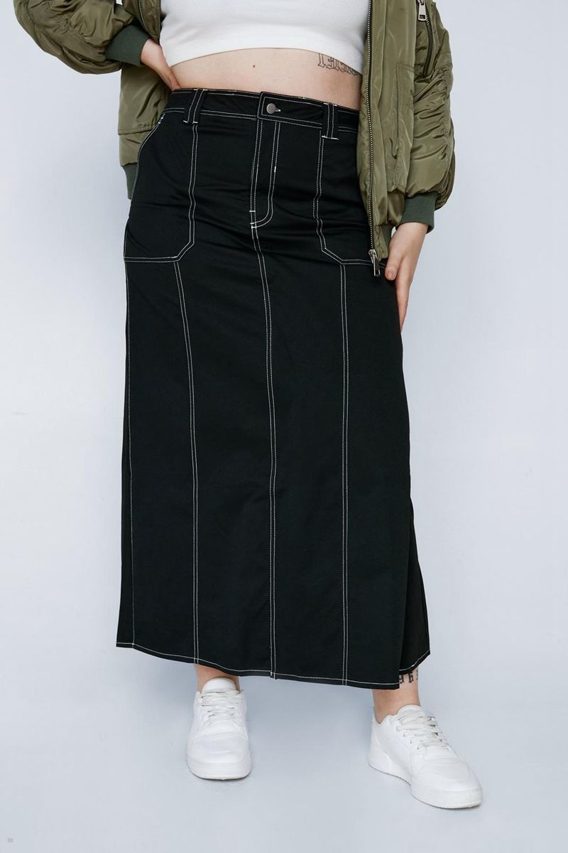 Sukně Nasty Gal Plus Velikost Exposed Stitch Twill Low Rise Maxi Černé | CZ 0327-PSBYK