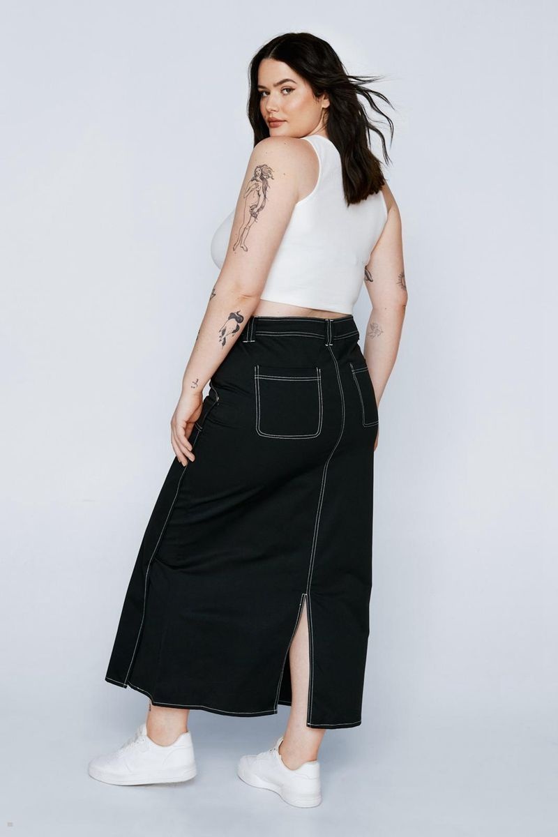 Sukně Nasty Gal Plus Velikost Exposed Stitch Twill Low Rise Maxi Černé | CZ 0327-PSBYK