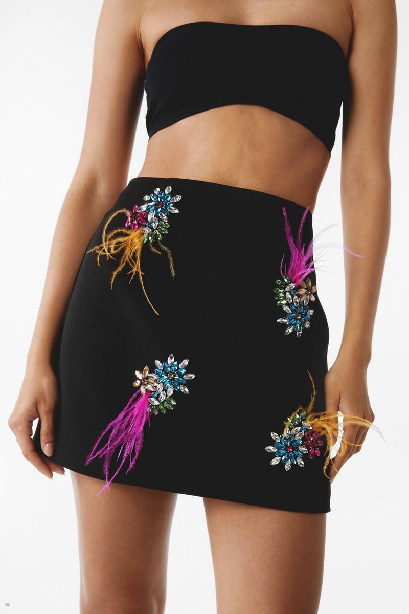 Sukně Nasty Gal Premium Embellished Diamante Feather Černé | CZ 3417-UEGXH