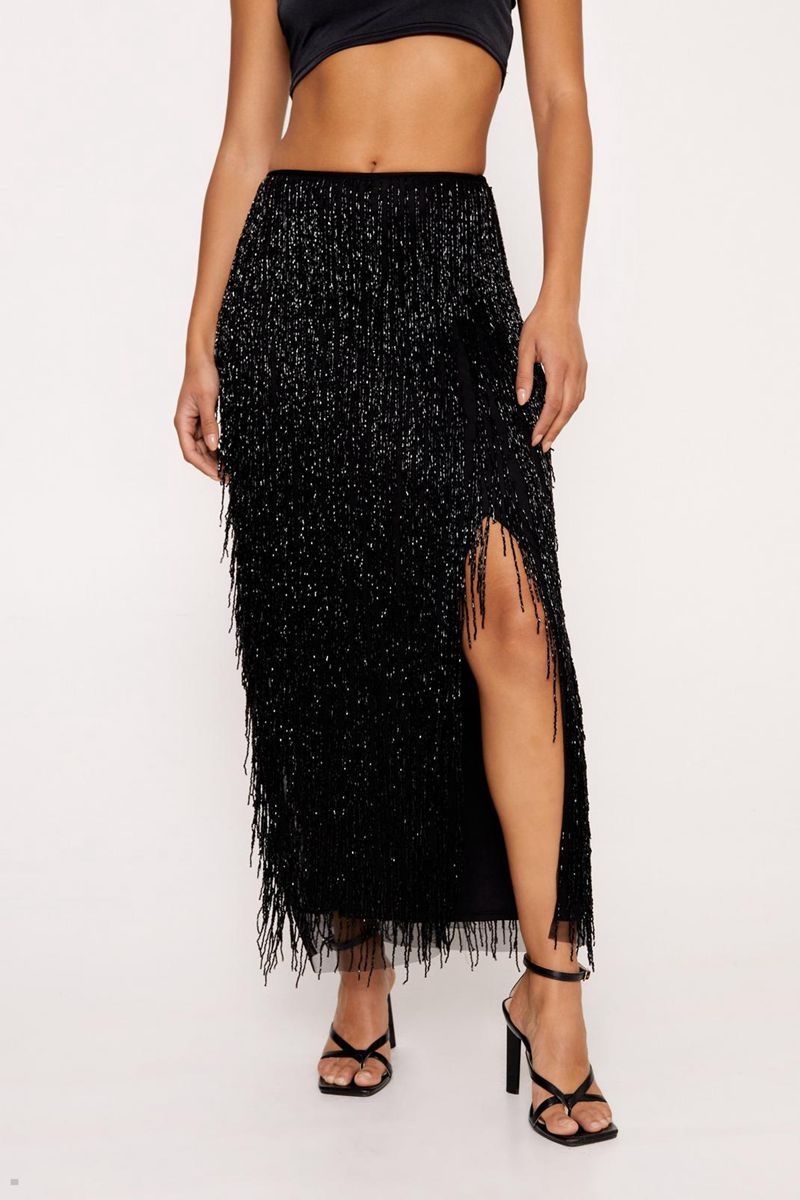 Sukně Nasty Gal Premium Tassel Fringe Split Černé | CZ 0269-BVTZC