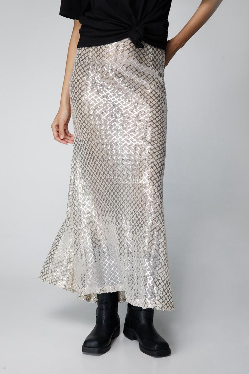 Sukně Nasty Gal Sequin Fishtail Maxi Stříbrné | CZ 0764-COMPD