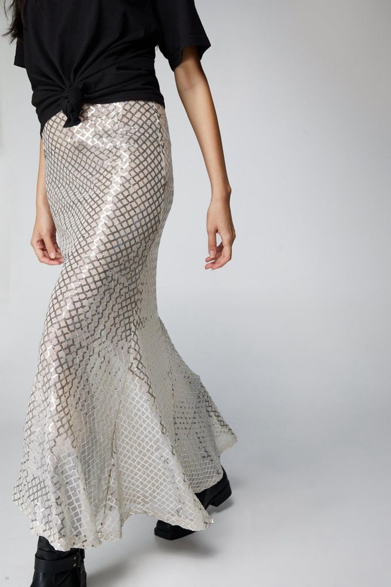 Sukně Nasty Gal Sequin Fishtail Maxi Stříbrné | CZ 0764-COMPD