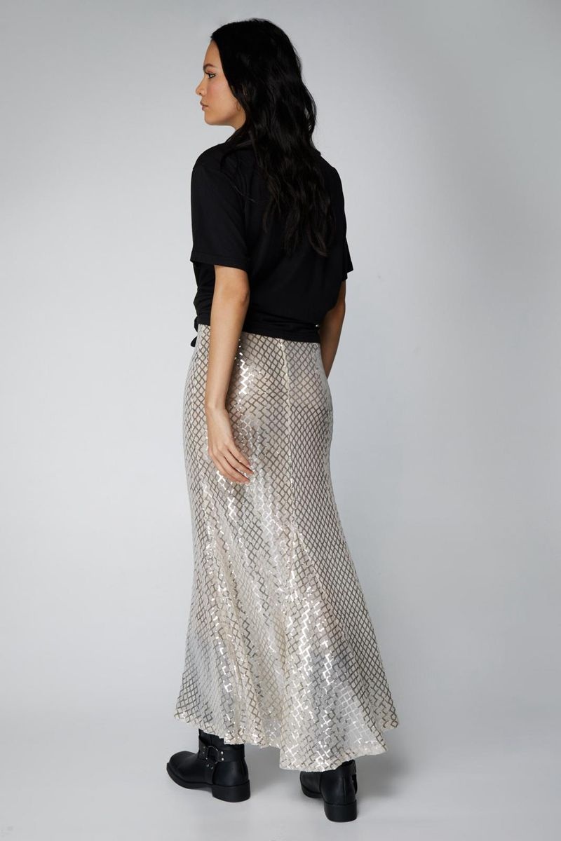 Sukně Nasty Gal Sequin Fishtail Maxi Stříbrné | CZ 0764-COMPD