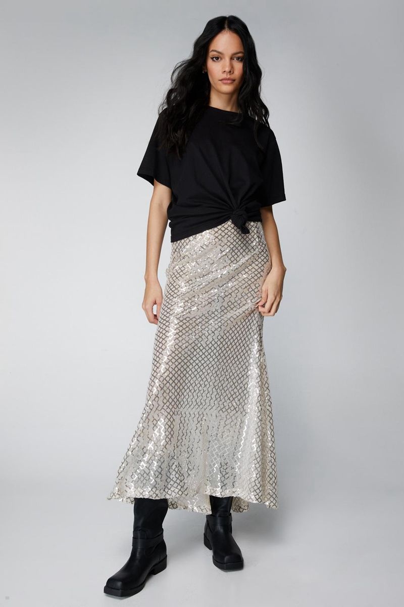 Sukně Nasty Gal Sequin Fishtail Maxi Stříbrné | CZ 0764-COMPD