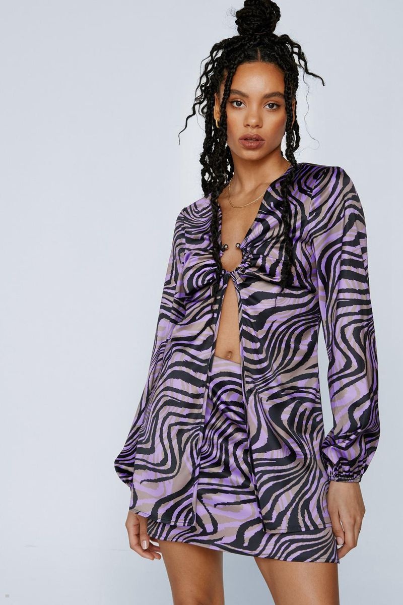 Sukně Nasty Gal Wave Animal Satin Mini Fialové | CZ 9312-XMSHF