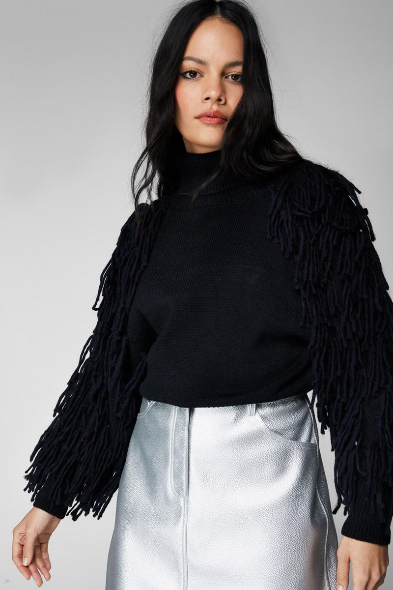 Svetry Nasty Gal Fringe Sleeve Funnel Neck Černé | CZ 3165-UZBVE