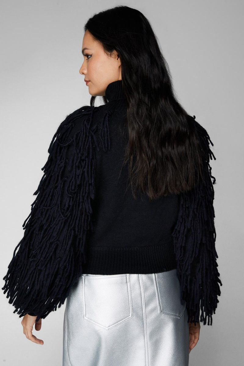 Svetry Nasty Gal Fringe Sleeve Funnel Neck Černé | CZ 3165-UZBVE