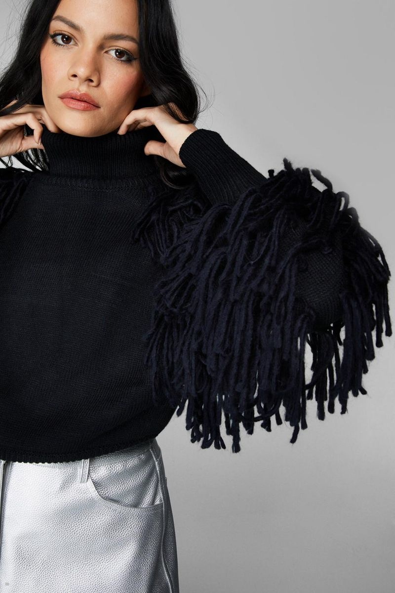 Svetry Nasty Gal Fringe Sleeve Funnel Neck Černé | CZ 3165-UZBVE