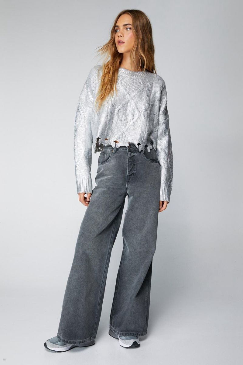 Svetry Nasty Gal Metallic Cable Cropped Stříbrné | CZ 3925-VEAHT