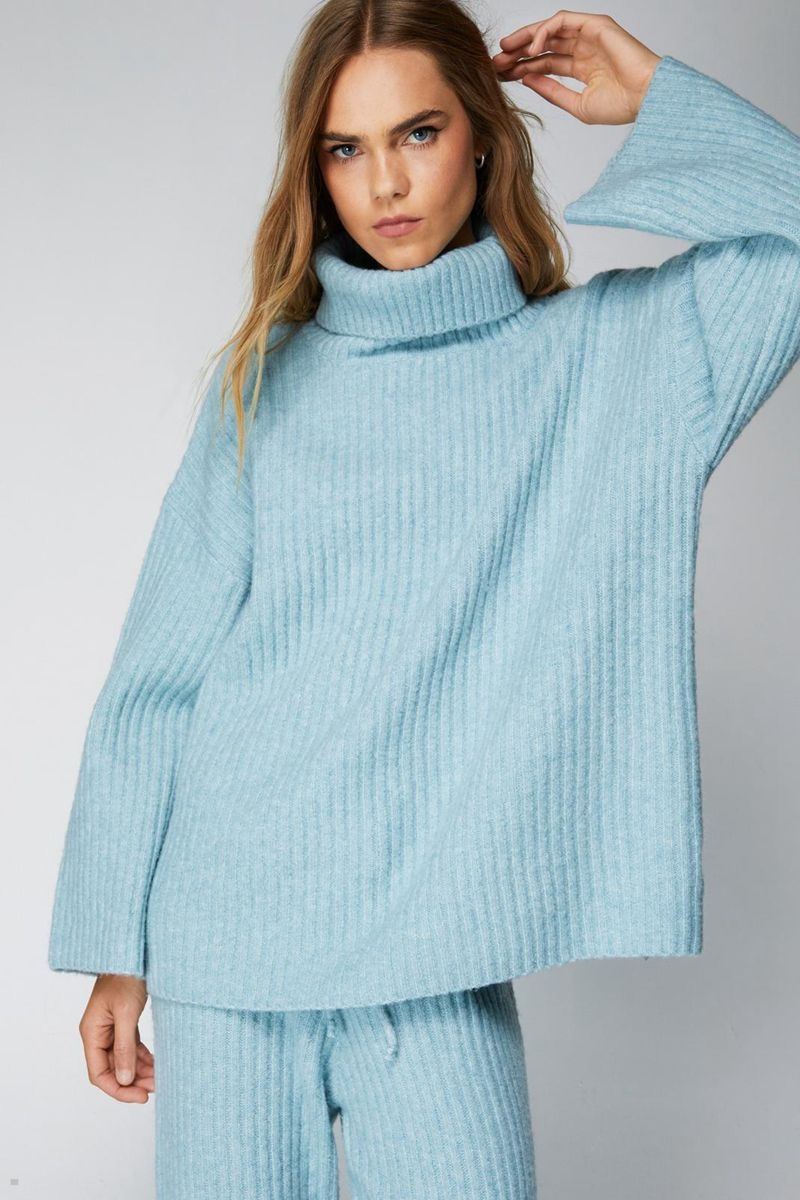 Svetry Nasty Gal Oversized Žebrovaný Roll Neck Blankyt | CZ 3627-RAHMV