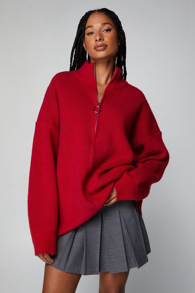 Svetry Nasty Gal Premium Zip Up Oversized Funnel Neck Jumper Červené | CZ 7635-LQGPB