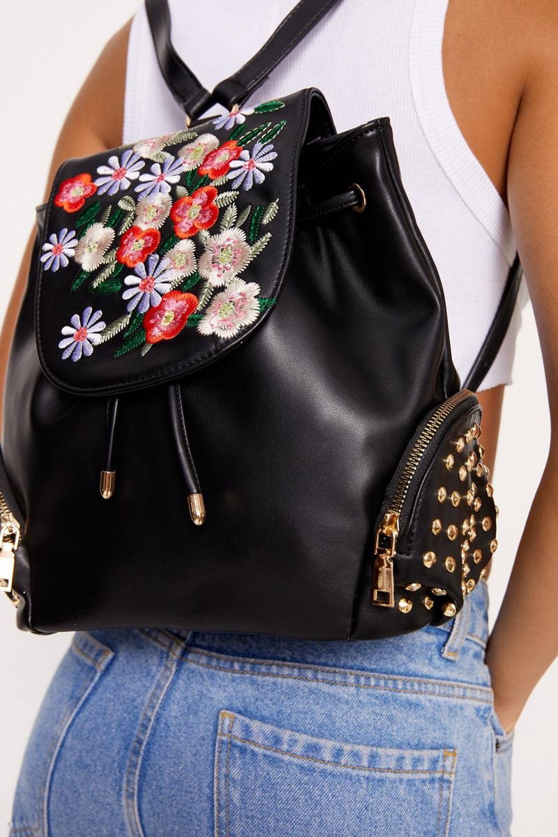 Tašky Nasty Gal Floral Embriodery & Studded Backpack Černé | CZ 7463-RPAVM