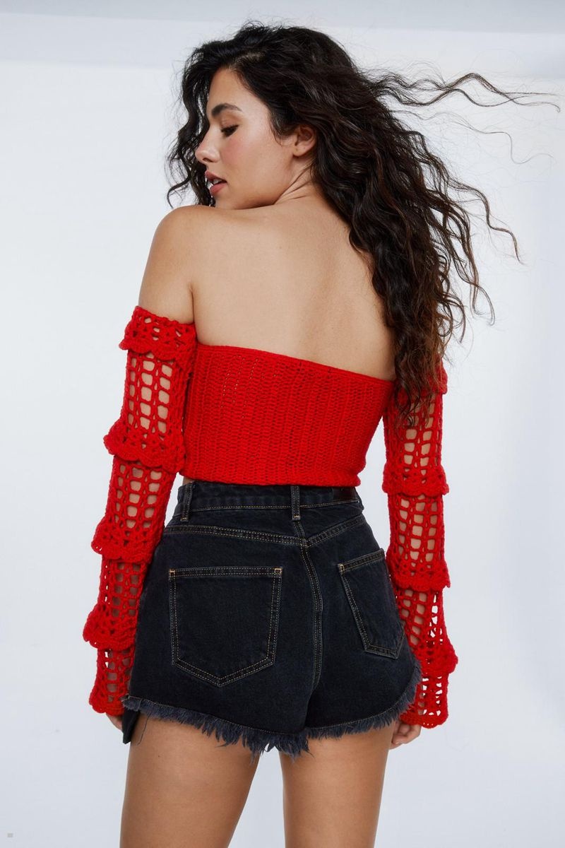 Topy Nasty Gal Crochet Off Shoulder Krajkové Up Červené | CZ 6124-GSIKH