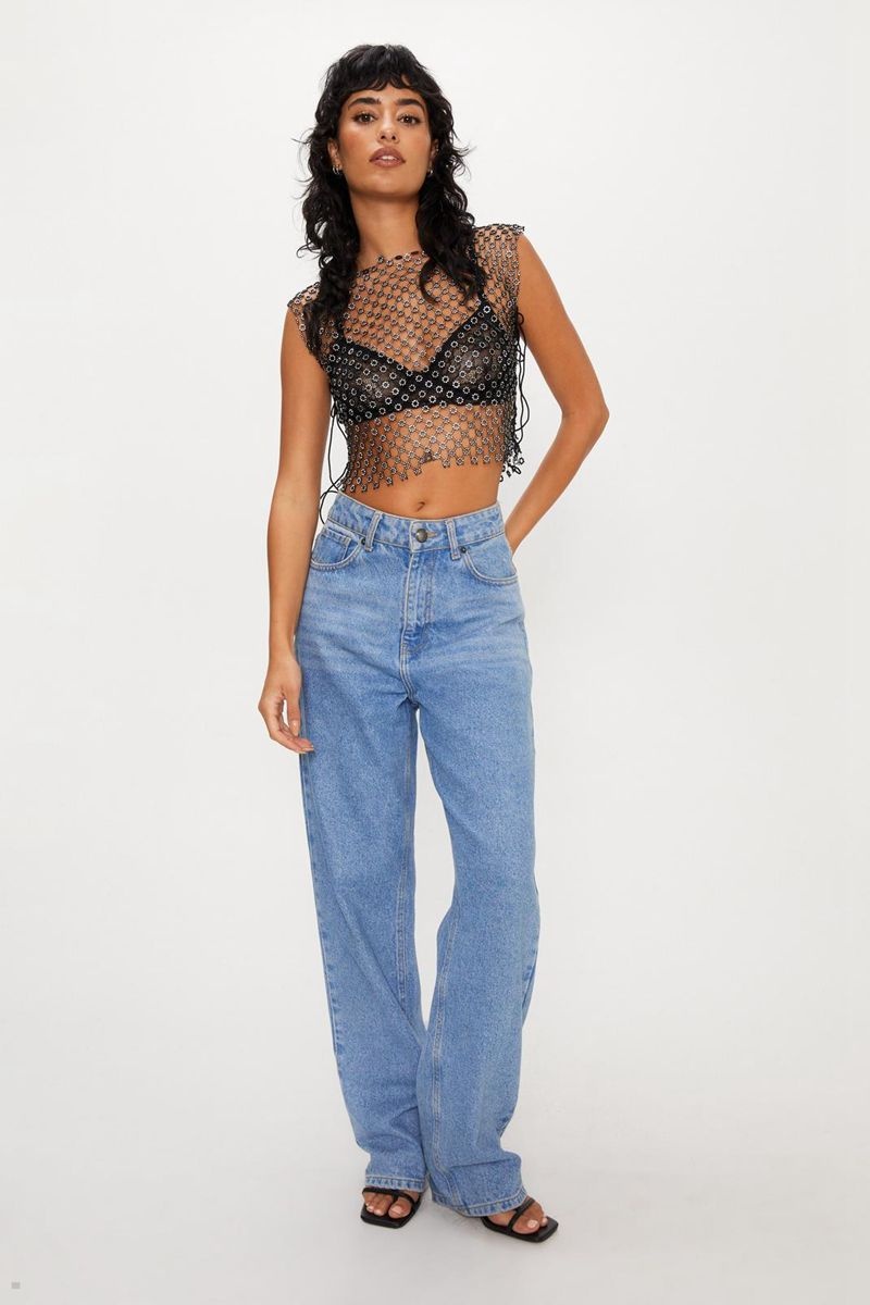 Topy Nasty Gal Diamante Flower Mesh Černé | CZ 4816-GKXTM