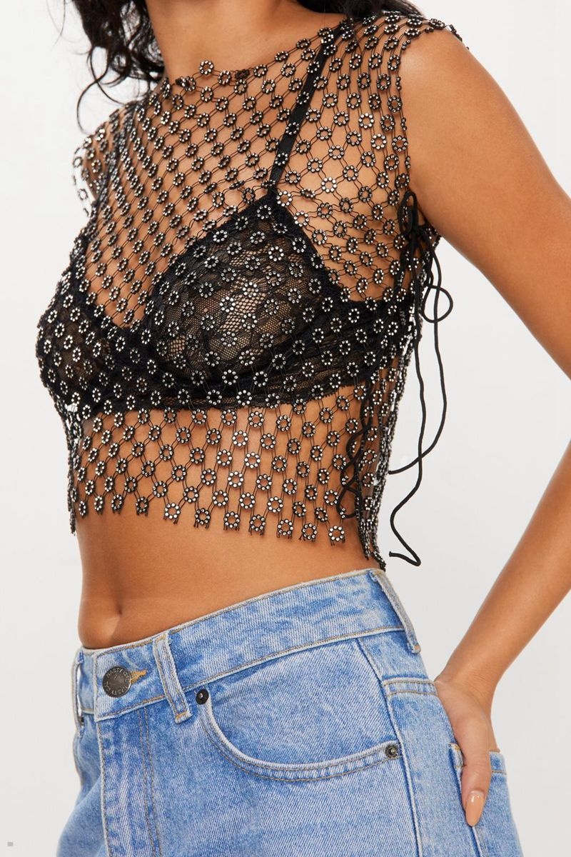 Topy Nasty Gal Diamante Flower Mesh Černé | CZ 4816-GKXTM