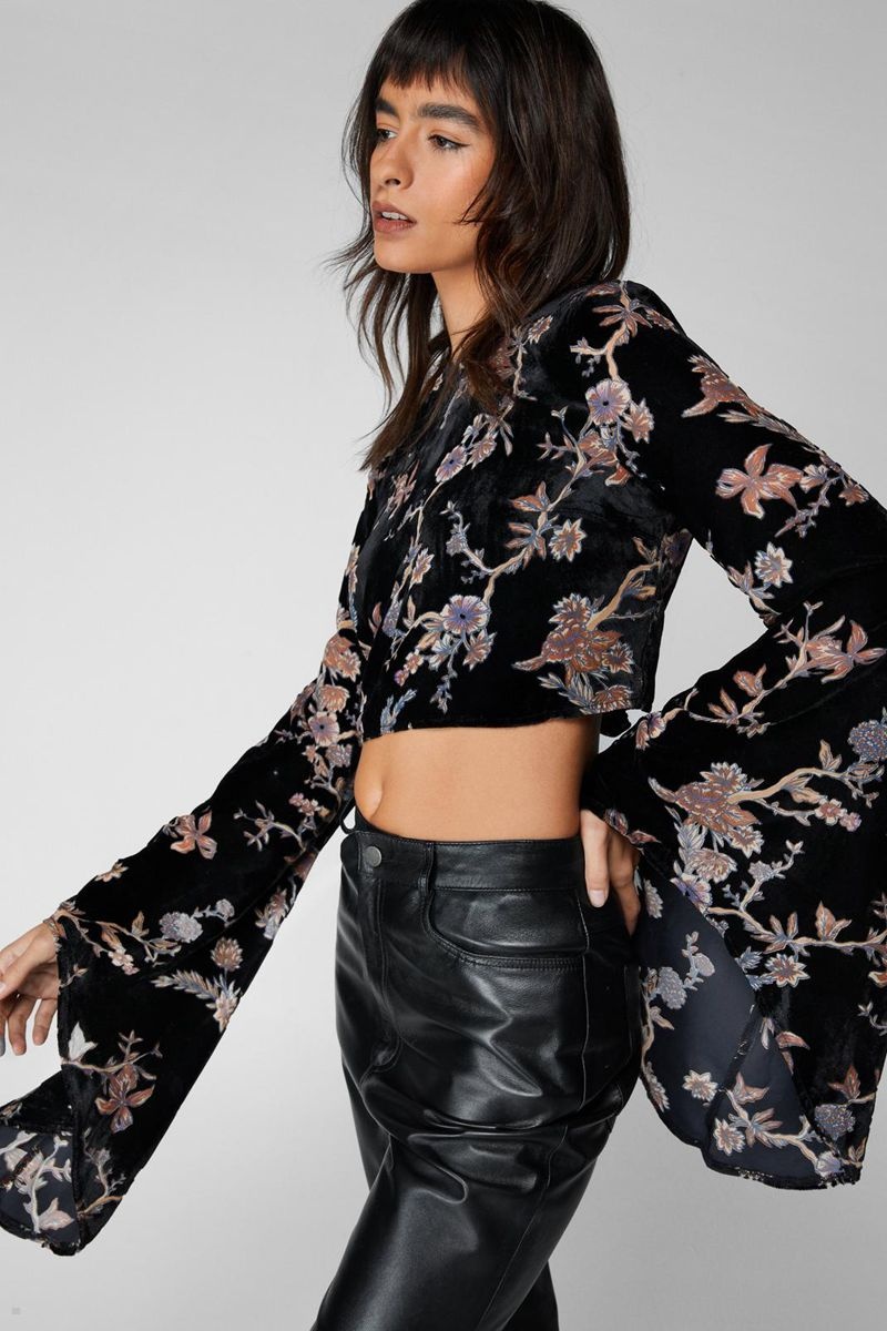 Topy Nasty Gal Ditsy Floral Devore Flare Sleeve Černé | CZ 8421-CVDJF