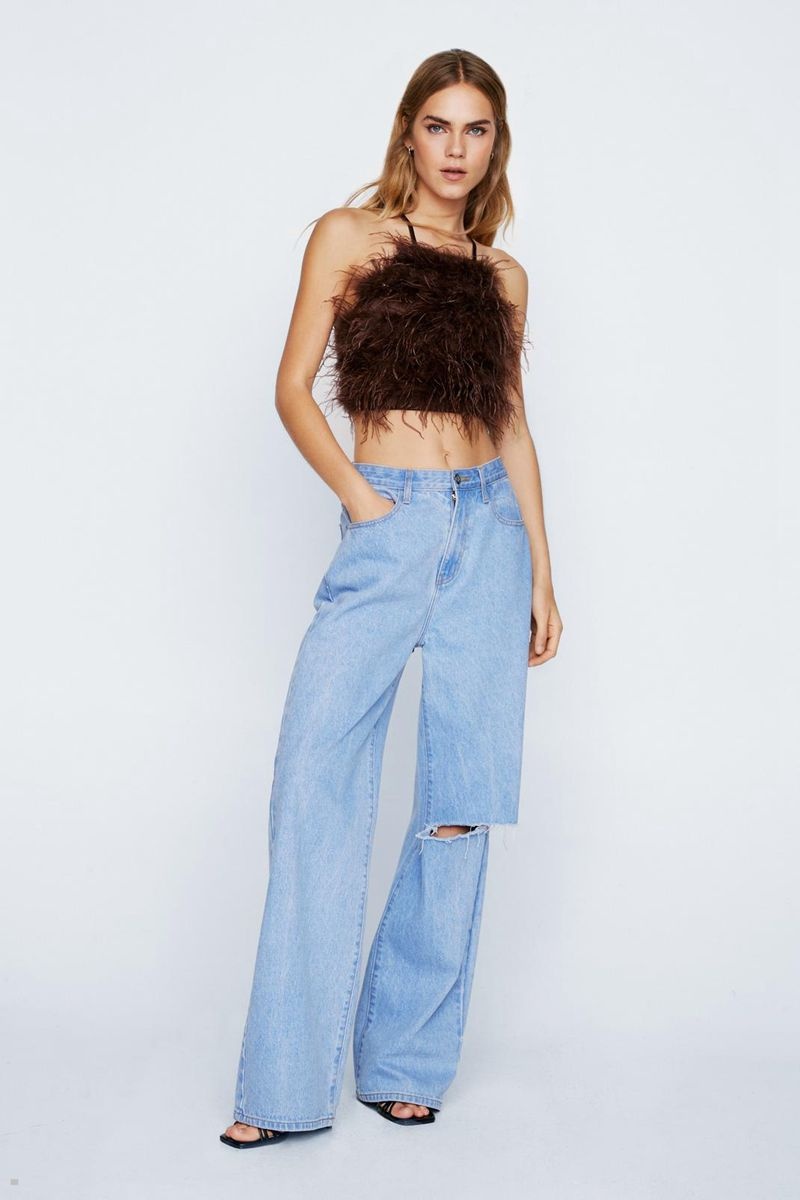 Topy Nasty Gal Halterneck Feather Krajkové Up Back Čokolády | CZ 6954-YDEJO