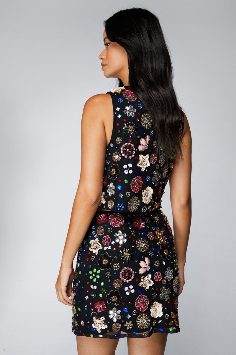 Topy Nasty Gal Mixed Flower Embellished Shell Černé | CZ 6532-JQRTW