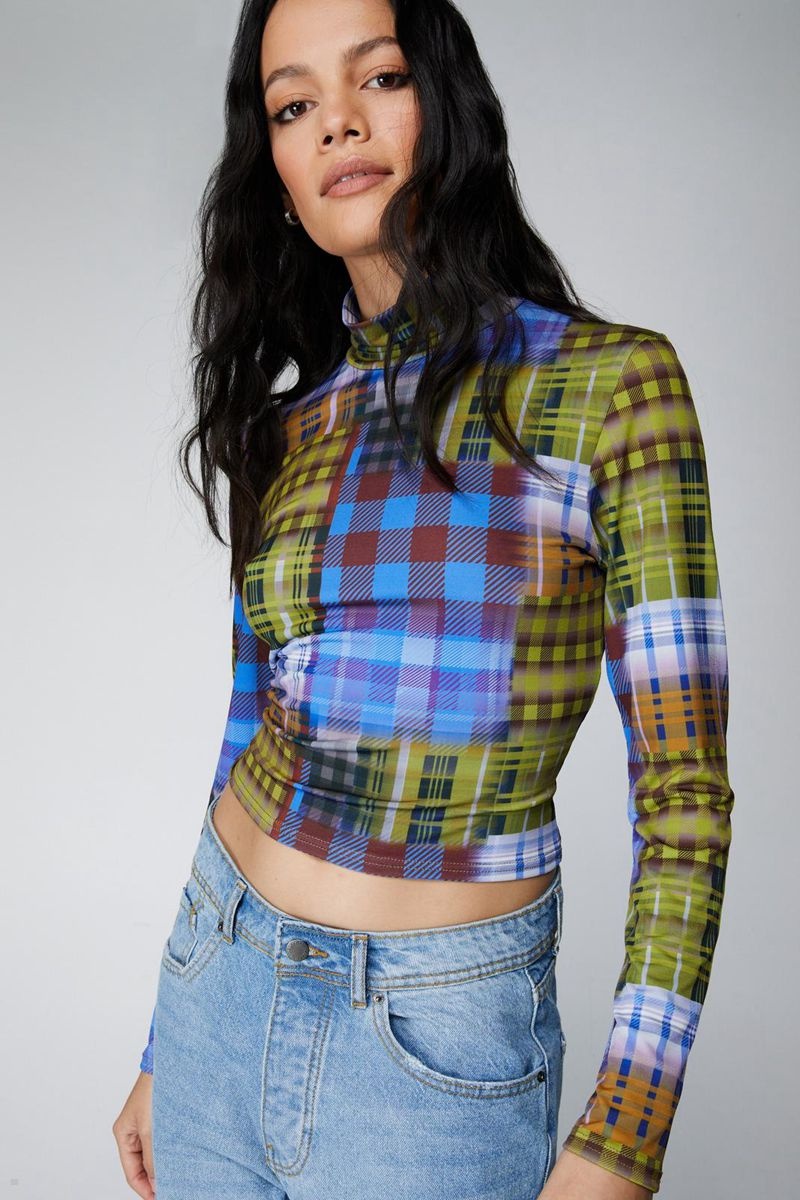 Topy Nasty Gal Plaid Slinky Funnel Neck Viacfarebný | CZ 7041-XNSTE