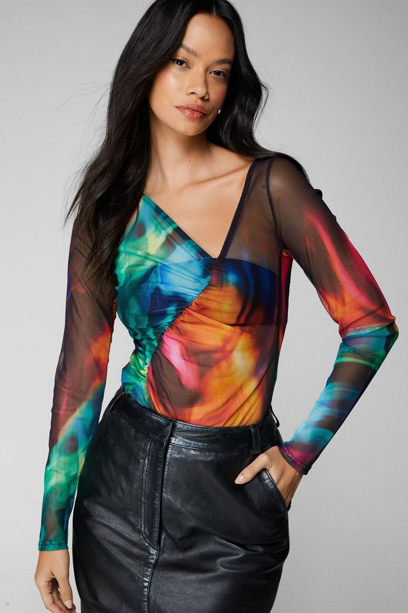 Topy Nasty Gal Printed Mesh Ruched Černé | CZ 0582-YAWEK