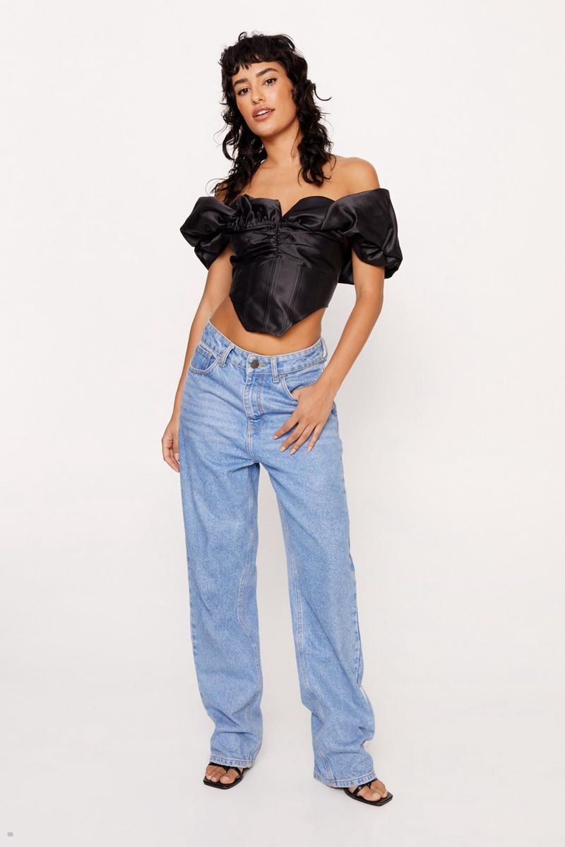 Topy Nasty Gal Satin Twill Off The Shoulder Puff Sleeve Corset Černé | CZ 2653-HVMGJ