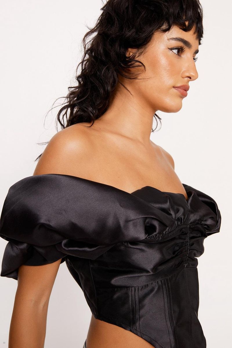 Topy Nasty Gal Satin Twill Off The Shoulder Puff Sleeve Corset Černé | CZ 2653-HVMGJ