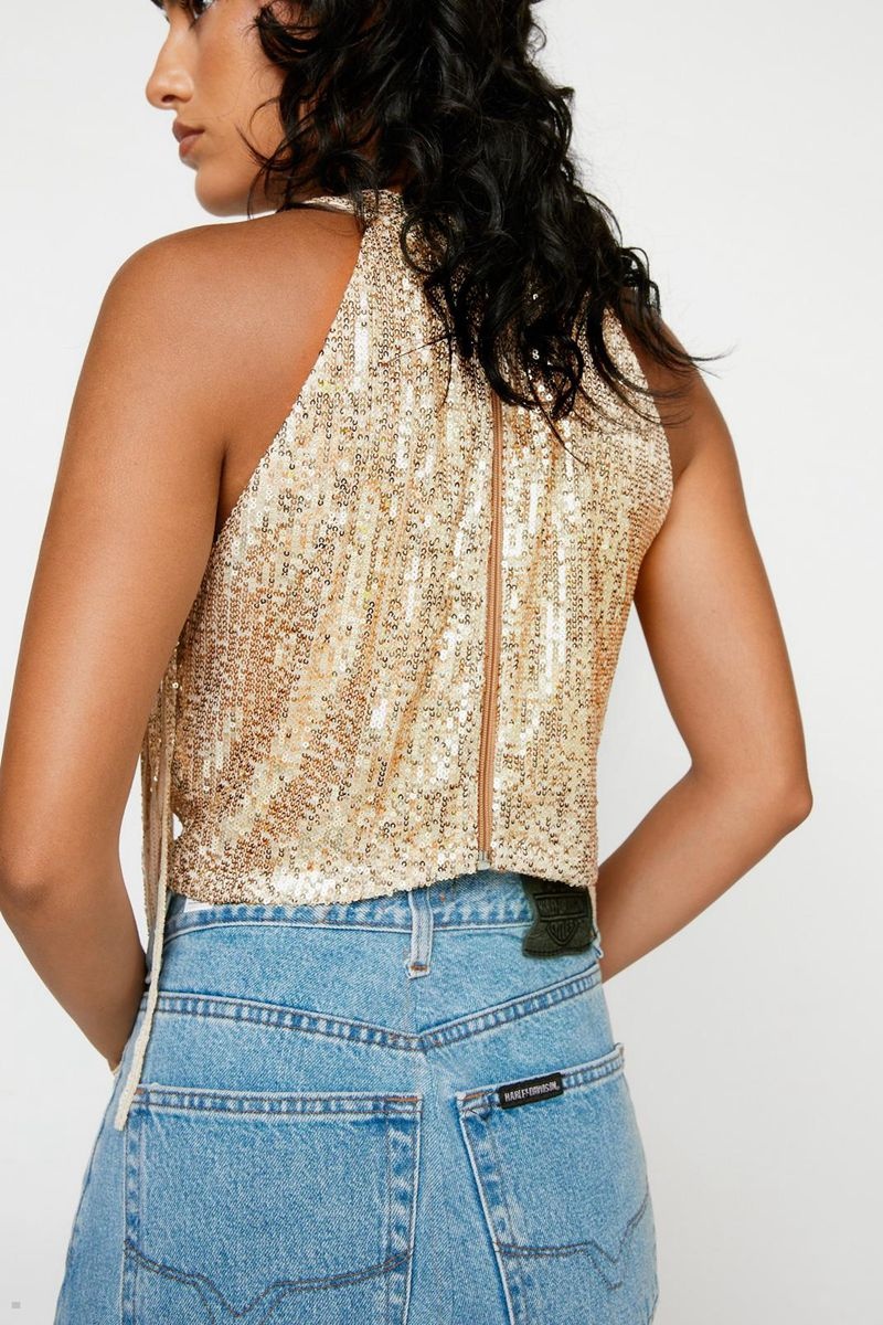 Topy Nasty Gal Sequin Fringe Halterneck Zlaté | CZ 5729-OVEQD