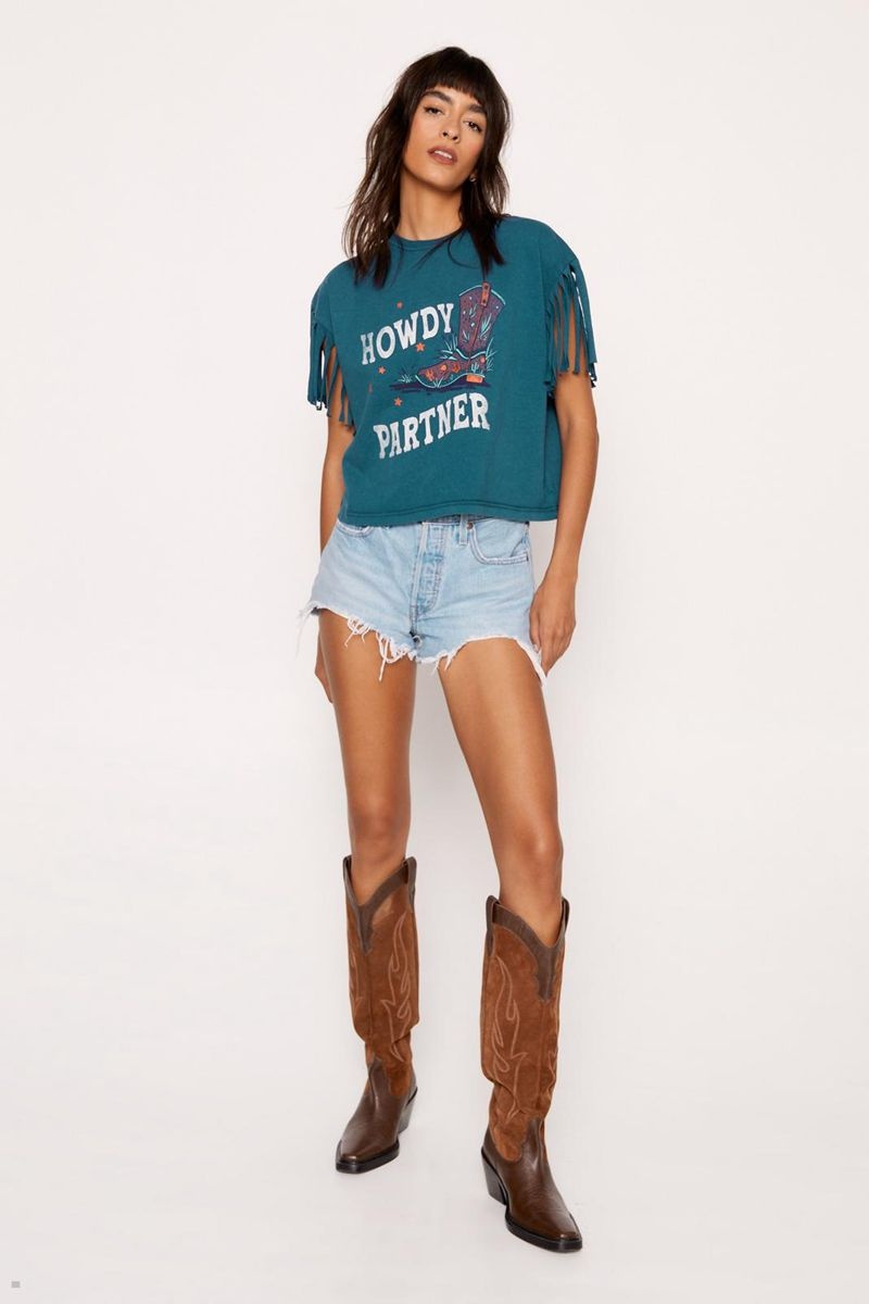 Tričko Nasty Gal Acid Wash Slogan Fringe Sleeve Tmavě Zelene | CZ 4829-YLPMB