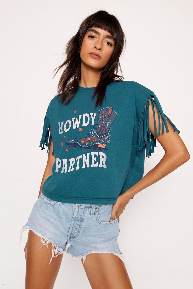 Tričko Nasty Gal Acid Wash Slogan Fringe Sleeve Tmavě Zelene | CZ 4829-YLPMB