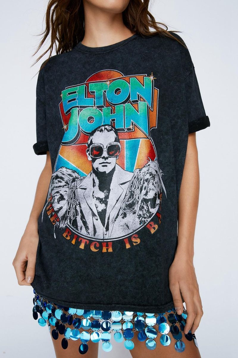 Tričko Nasty Gal Elton John Acid Wash Grafická Černé | CZ 0498-TWSVA