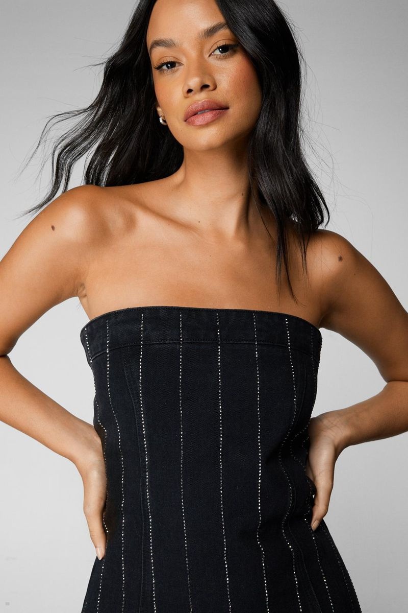 Šaty Nasty Gal Diamante Pinstripe Bandeau Mini Černé | CZ 9361-GVUJK