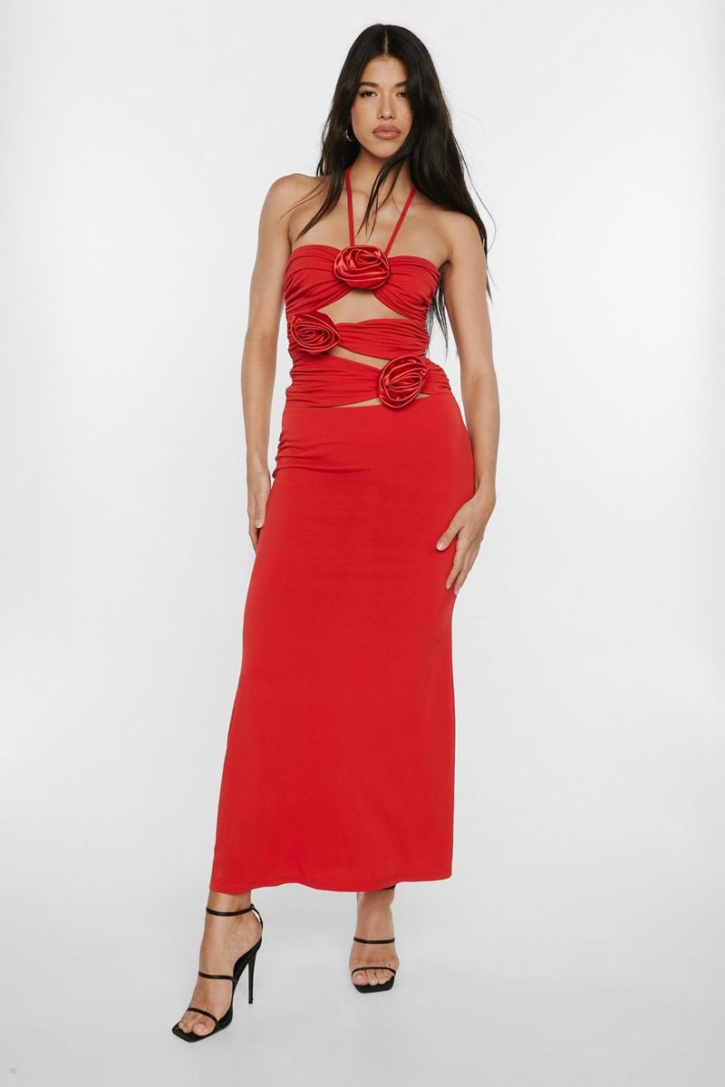 Šaty Nasty Gal Mesh Rosette Maxi Červené | CZ 5768-RKQWB