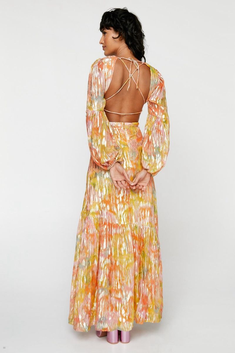 Šaty Nasty Gal Metallic Blurred Floral Open Back Maxi Žluté | CZ 7910-APDYB