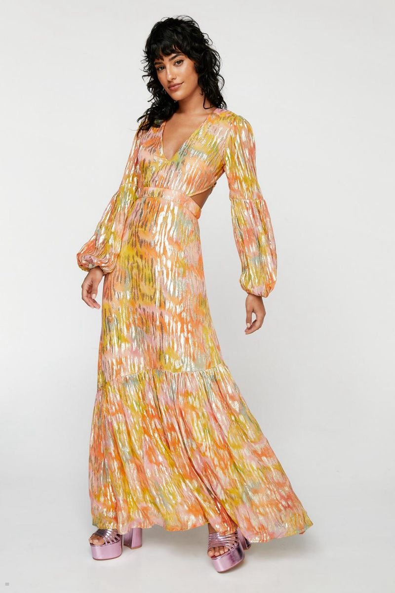 Šaty Nasty Gal Metallic Blurred Floral Open Back Maxi Žluté | CZ 7910-APDYB