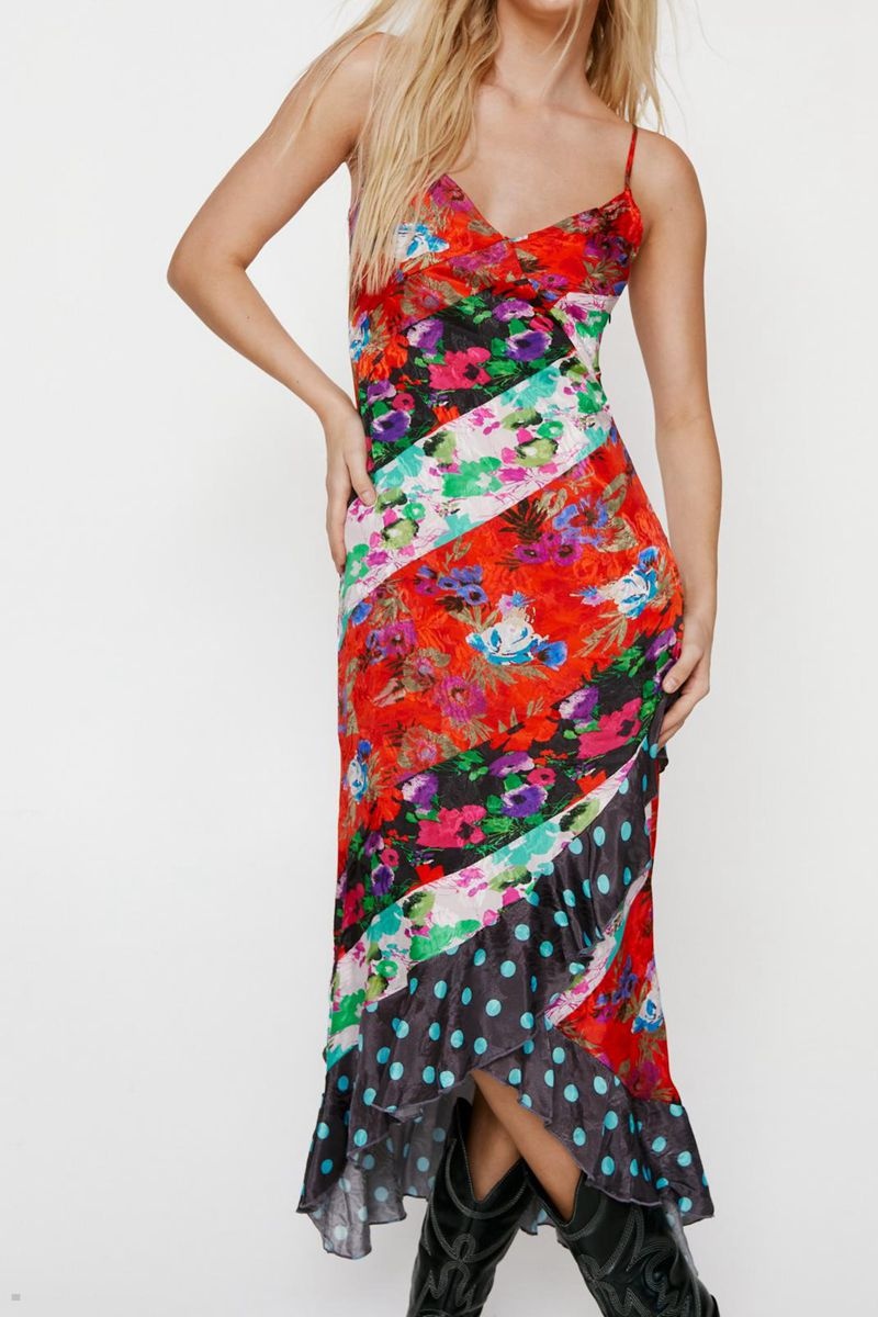 Šaty Nasty Gal Mixed Floral Spot Print Páskové Midaxi Červené | CZ 8042-LVFIO