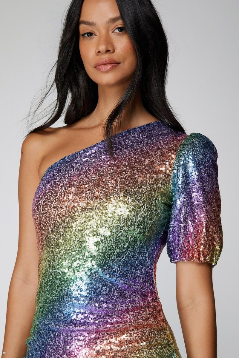 Šaty Nasty Gal One Shoulder Rainbow Glitter Mini Viacfarebný | CZ 2387-FGSXK