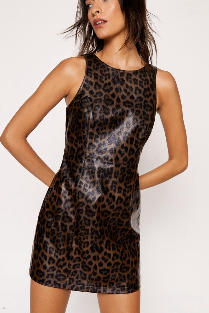 Šaty Nasty Gal Premium Leopard Faux Læder Hnědé | CZ 1563-LEGAY